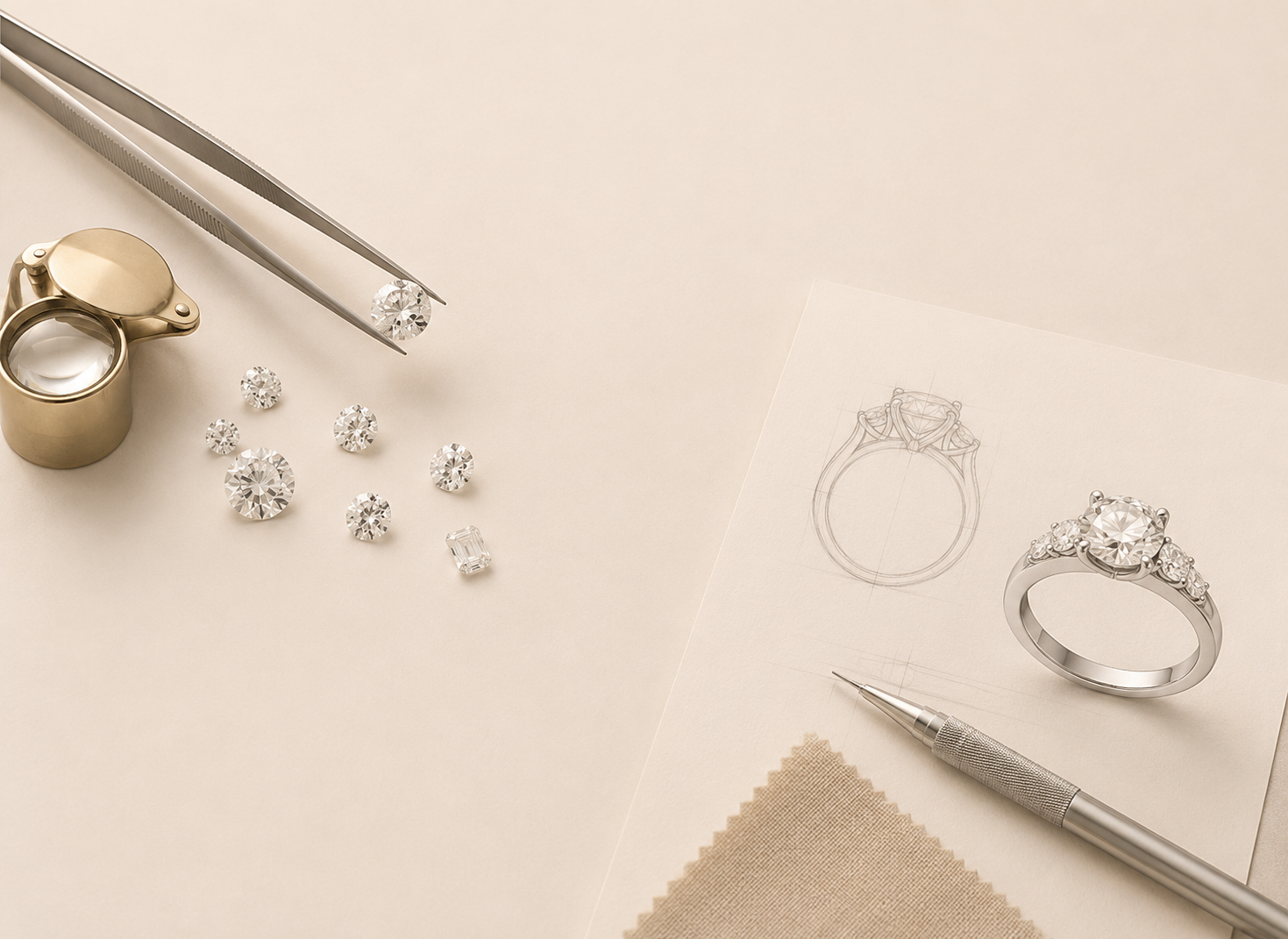 Selecting a certified diamond with tweezers and loupe for a bespoke ring