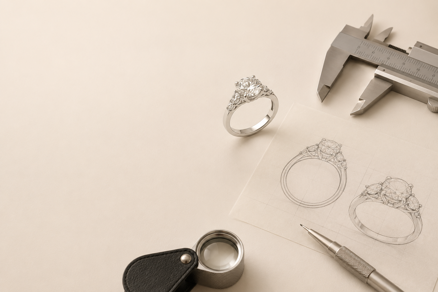 Bespoke ring design sketch and 3D CAD render at Ratan Sajan Dubai