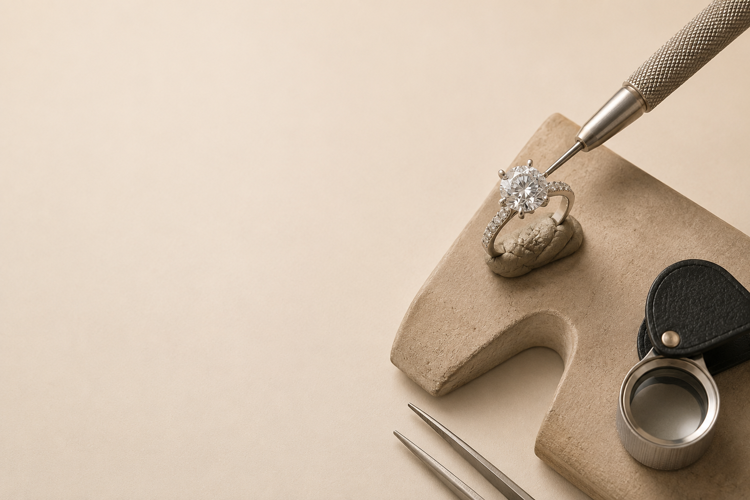 Master jeweller handcrafting and setting a diamond in a bespoke ring