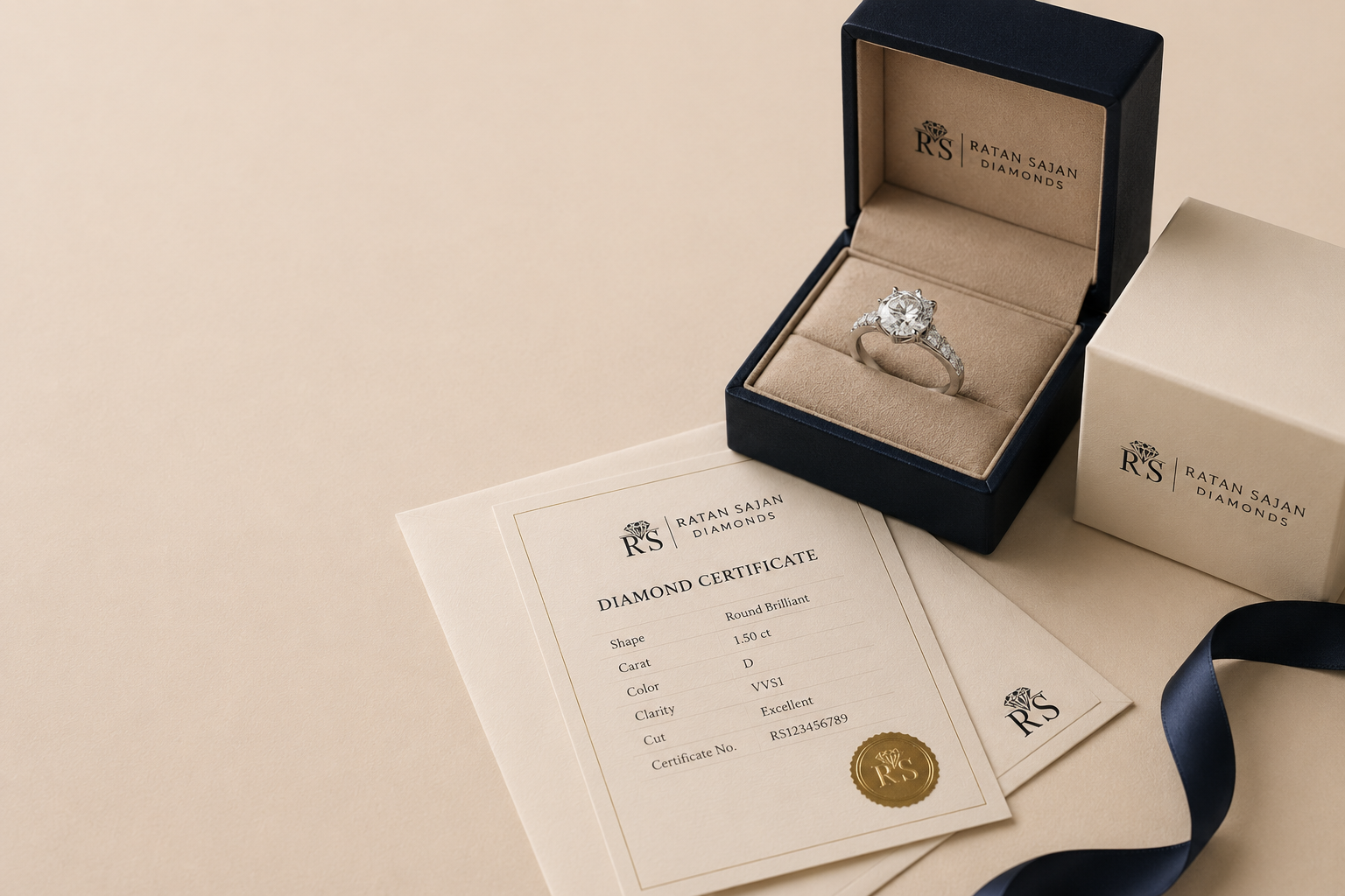 Finished bespoke diamond ring presented in Ratan Sajan box with certificate