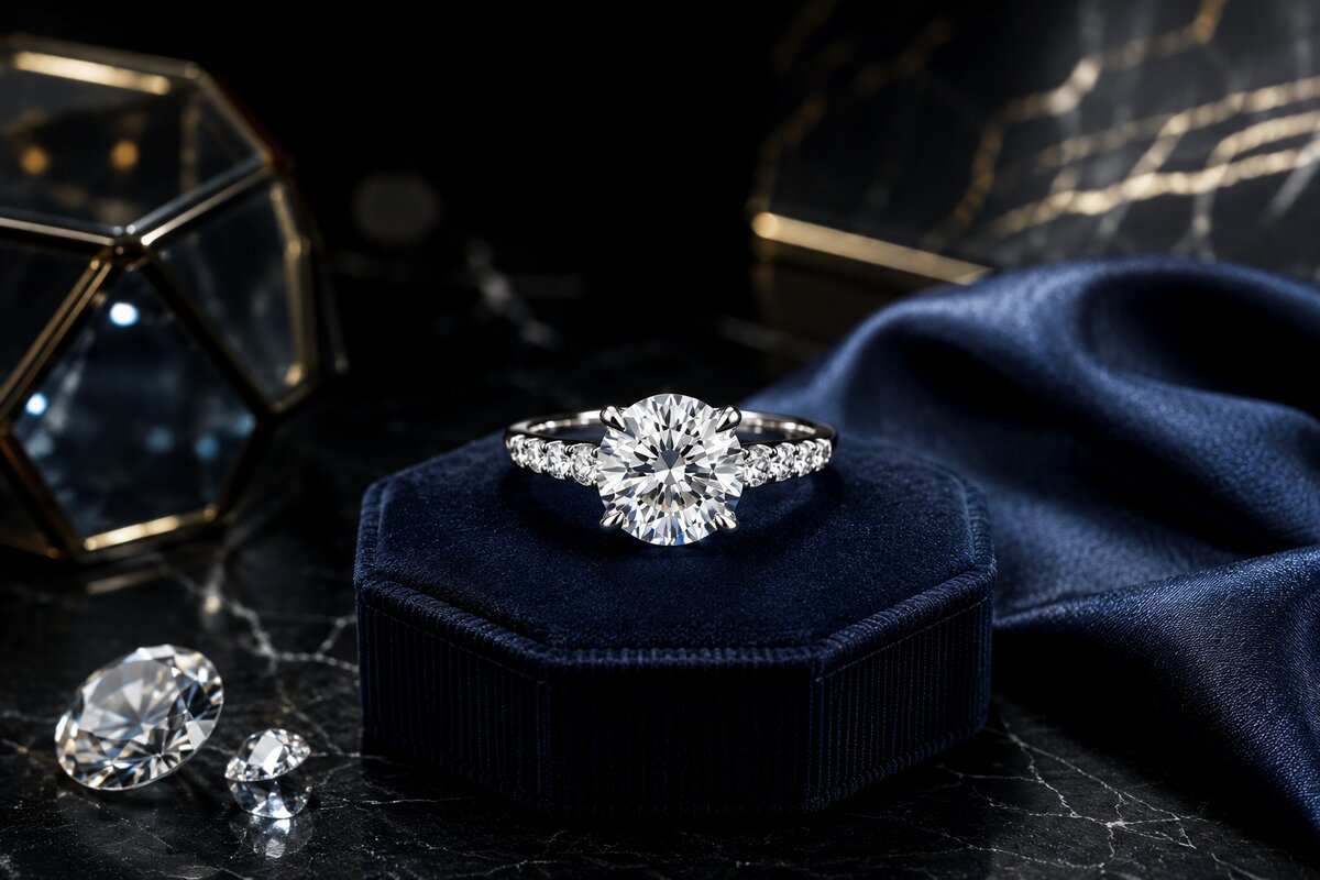 Emerald cut natural diamond ring showing step-cut facets, Ratan Sajan Dubai